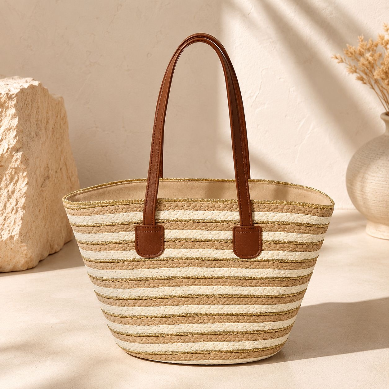 Bolsa Tote de Palha Listrada com Alças Caramelo