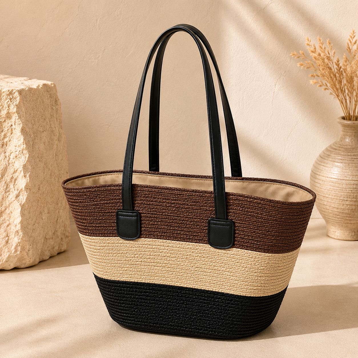Bolsa Feminina de Palha Tricolor Grande | Elegante, Leve e Perfeita para Praia, Passeios e Dia a Dia ✨