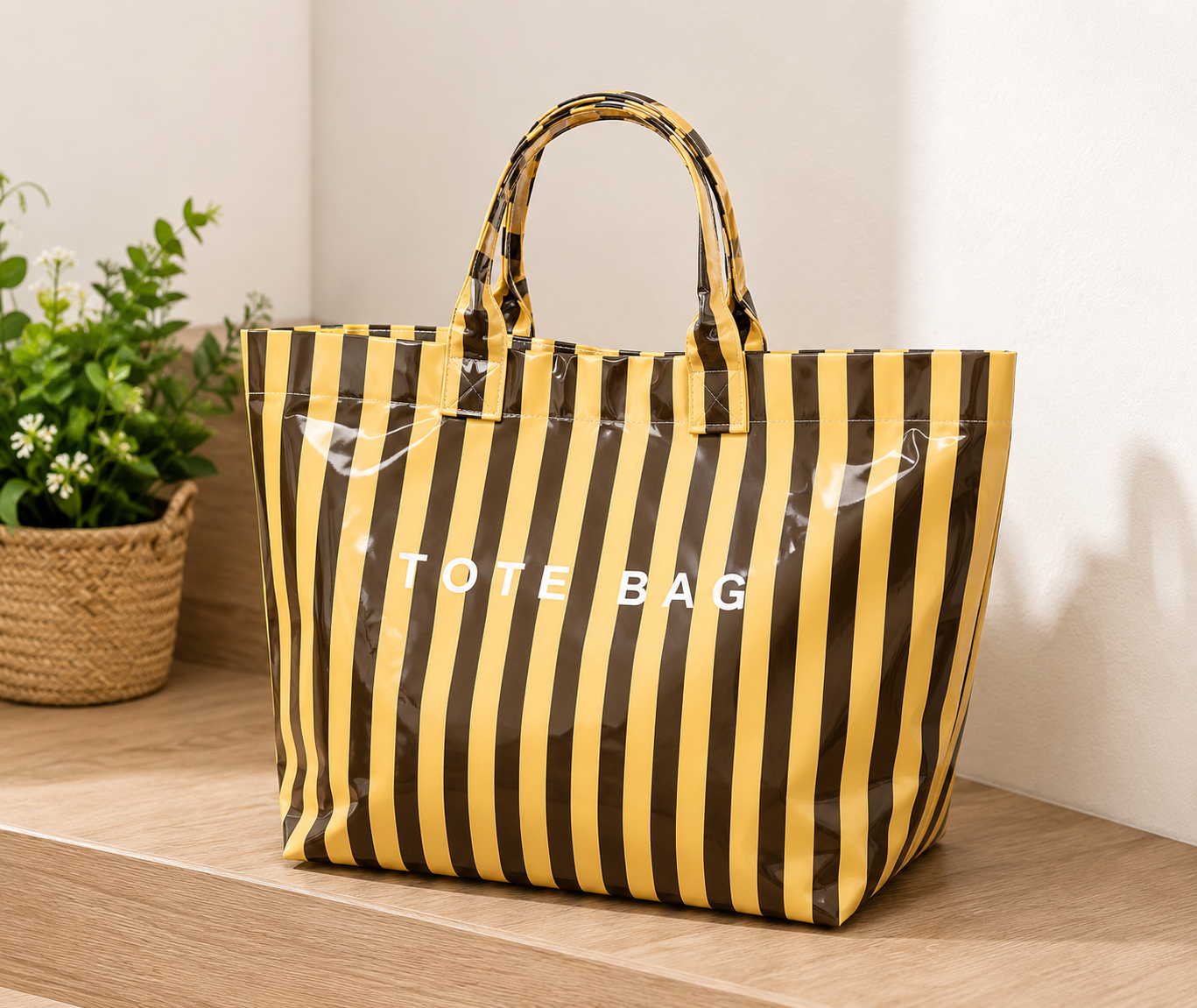 Bolsa Tote Bag Listrada Amarelo Mostarda e Castanho | Bolsa Impermeável Grande para Praia, Compras e Dia a Dia