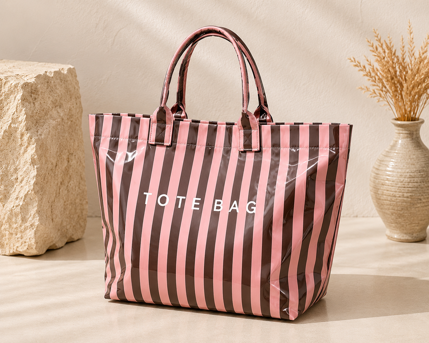 💖 Tote Bag Listrada Rosa e Castanho | Bolsa Impermeável Grande, Moderna e Super Tendência ✨👜