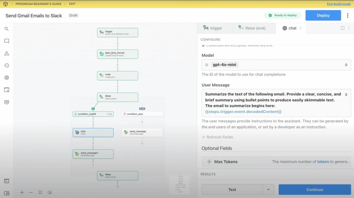 Pipedream workflow builder interface showing Gmail to Slack automation with code editor, trigger configuration, and chat completion using GPT-4o-mini model – demonstrating Pipedream vs Make.com developer-first approach.