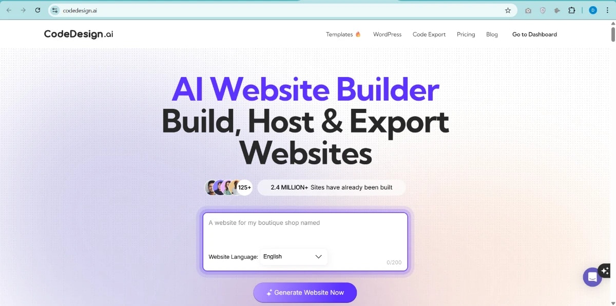 Codedesign AI homepage showing the Best No-Code AI Website Builder 2025 to build, host, and export websites