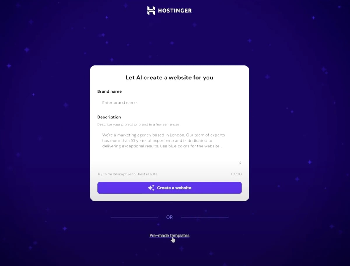 AI Website Builders tool by Hostinger with brand name and description input form.