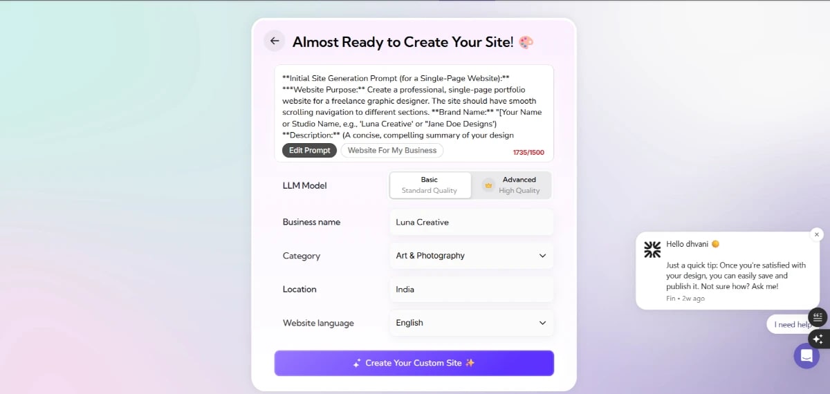 AI Website Builders platform showing setup options for business name, category, and language.