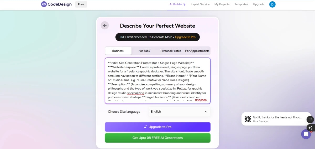 AI Website Builders interface from CodeDesign asking users to describe their perfect website.