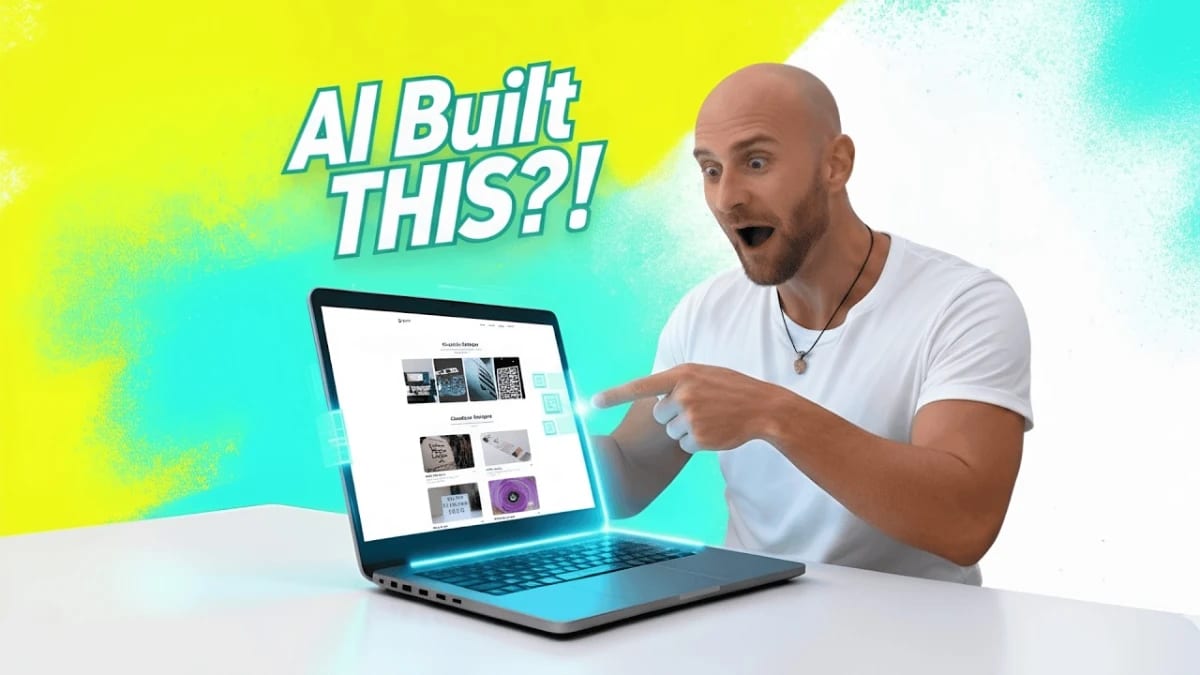 Excited man pointing at a laptop screen showcasing a website built with AI Website Builders.