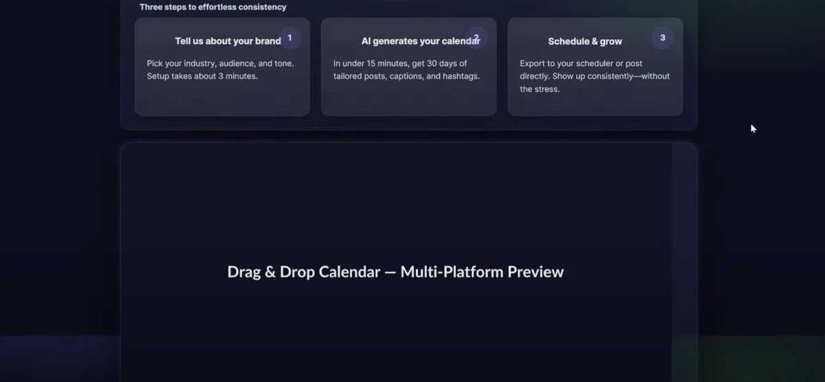 Abacus AI for solopreneurs dashboard showing AI-generated content calendar and drag-and-drop scheduling.