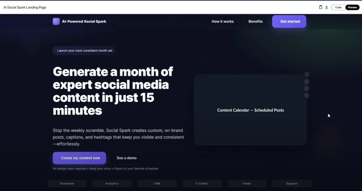 Abacus AI for solopreneurs landing page showcasing social media content generation in 15 minutes.