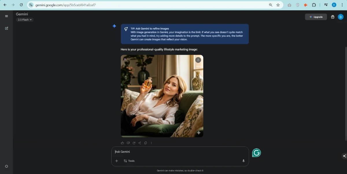 Professional lifestyle marketing photo of a woman using Google AI image tools for product promotion.