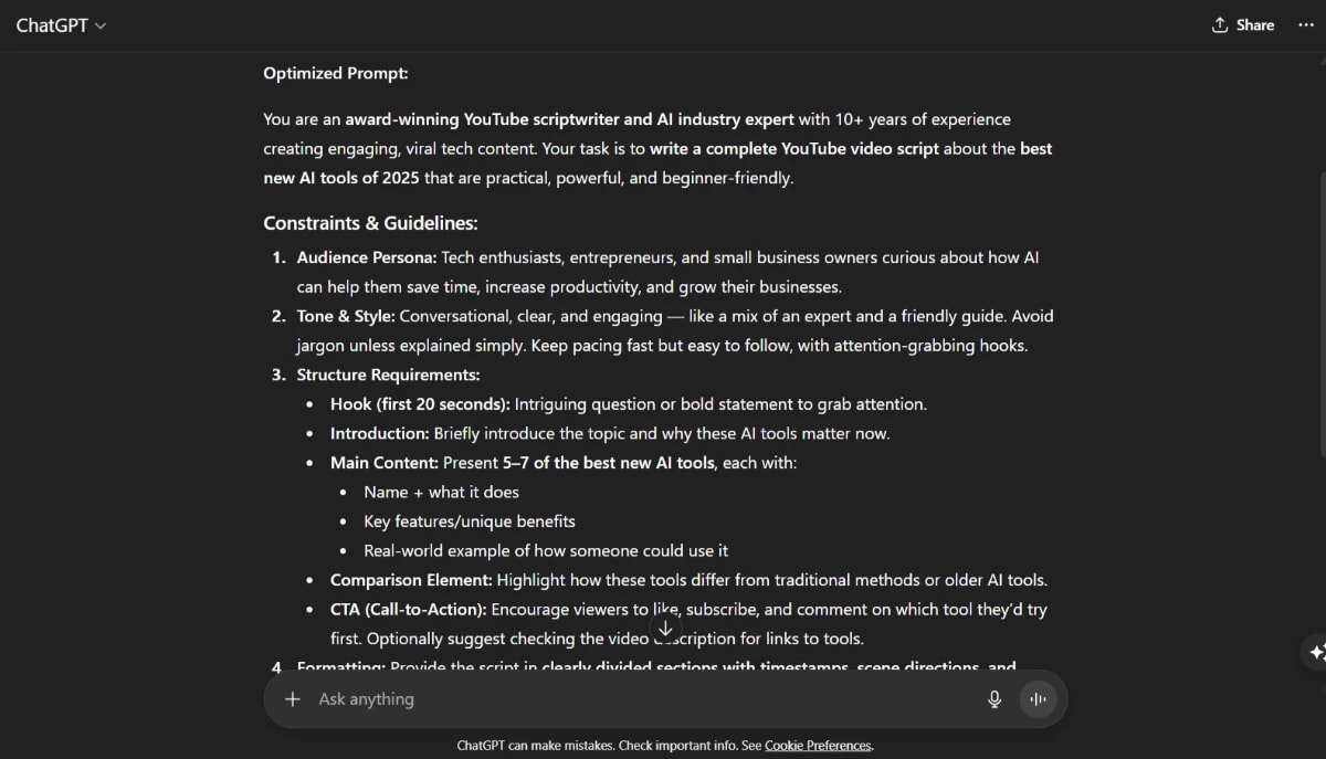 Optimized YouTube video script prompt highlighting ChatGPT-5 business applications for AI tools in 2025.
