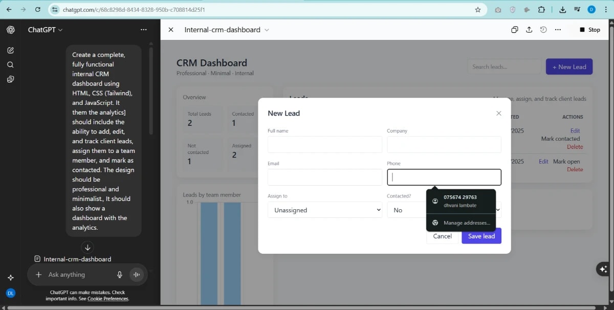 CRM dashboard new lead form powered by ChatGPT-5 business applications.