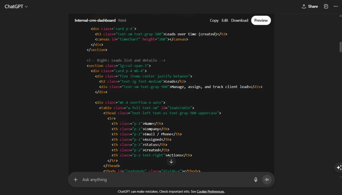 CRM dashboard lead management table built with ChatGPT-5 business applications.