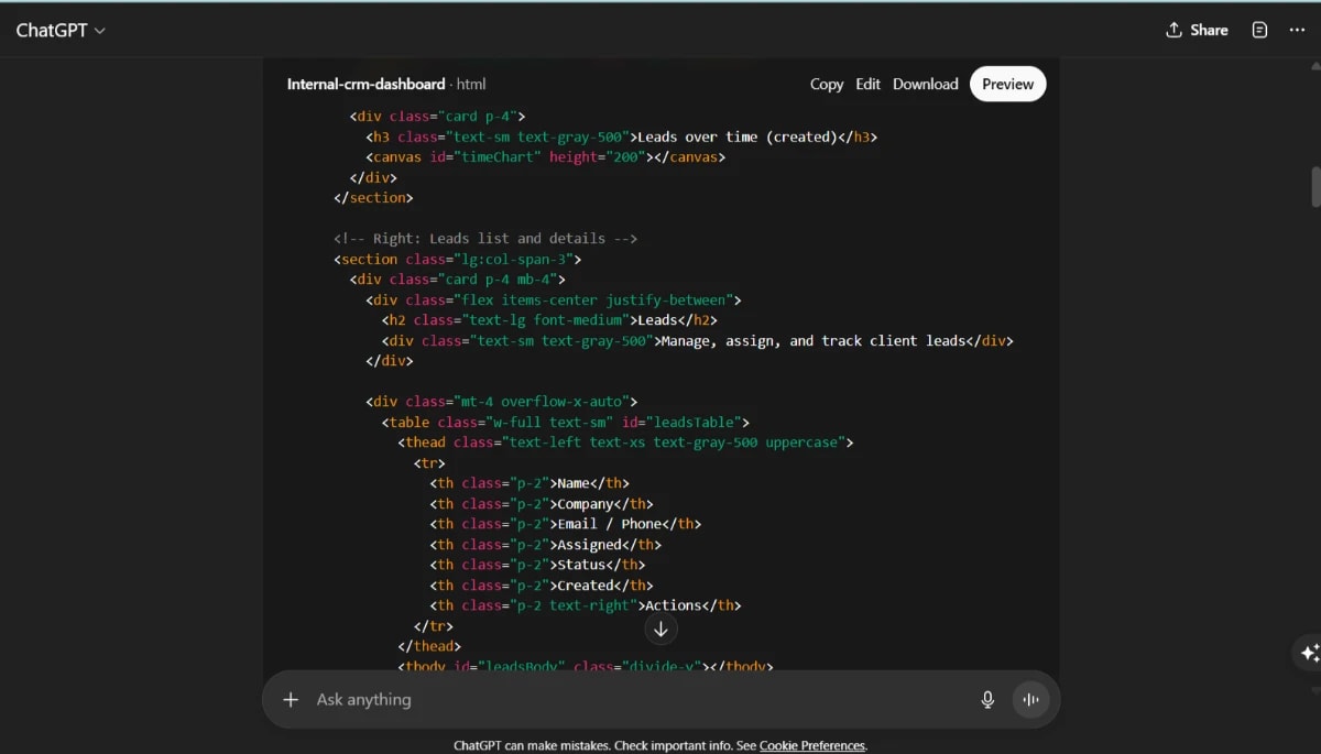 CRM dashboard lead tracking chart with ChatGPT-5 business applications.