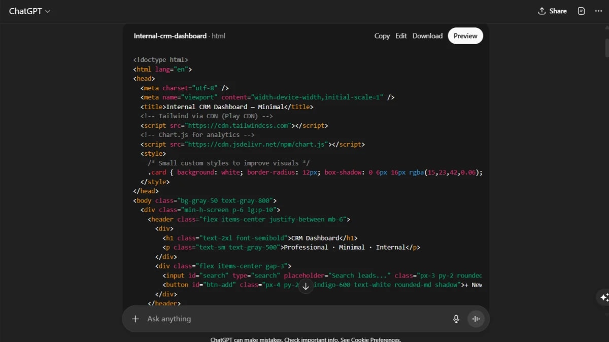HTML and Tailwind code for CRM dashboard built with ChatGPT-5 business applications.