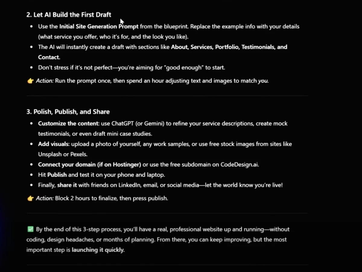 Detailed ChatGPT-5 output displaying a 3-step beginner plan with actionable tips, illustrating how ChatGPT-5 business applications simplify website building for entrepreneurs.