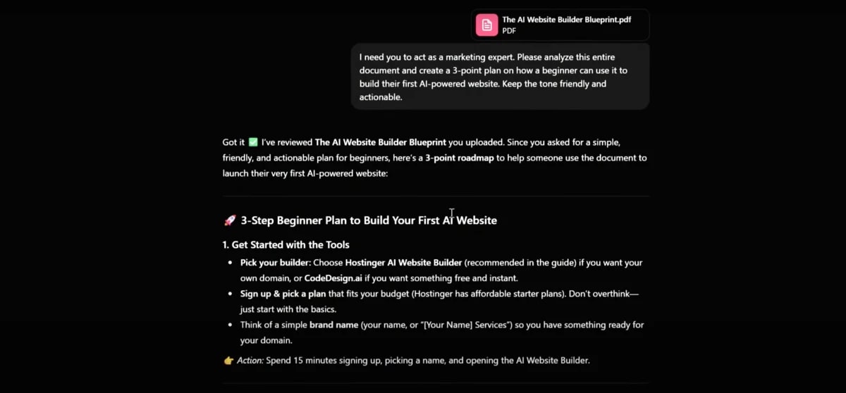 ChatGPT-5 interface analyzing “The AI Website Builder Blueprint” PDF and generating a beginner-friendly 3-step roadmap to build an AI-powered website, demonstrating real ChatGPT-5 business applications.