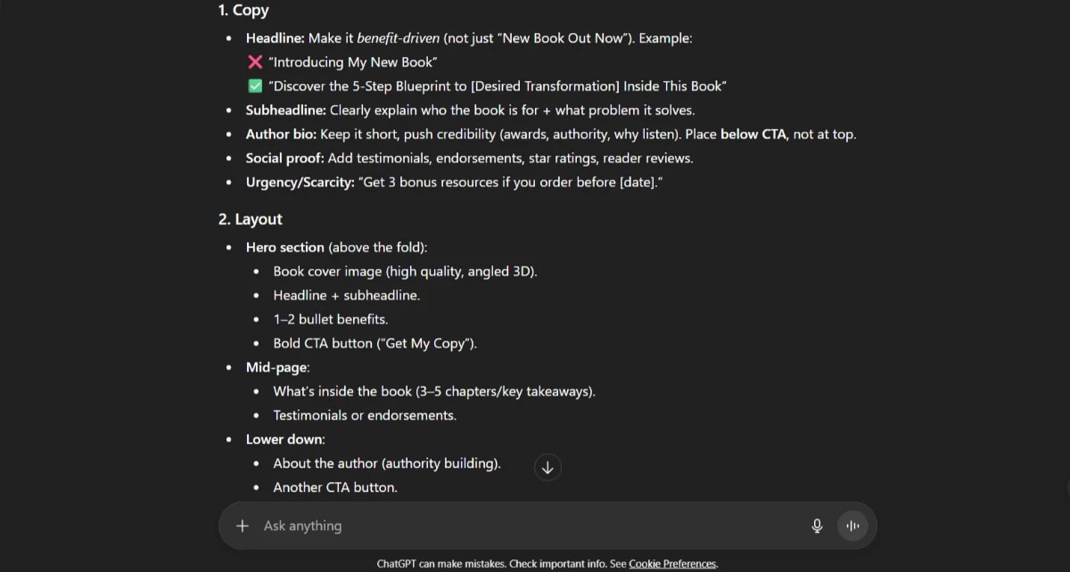 Recommended improvements for book landing pages with ChatGPT-5 business applications in copywriting and layout design.