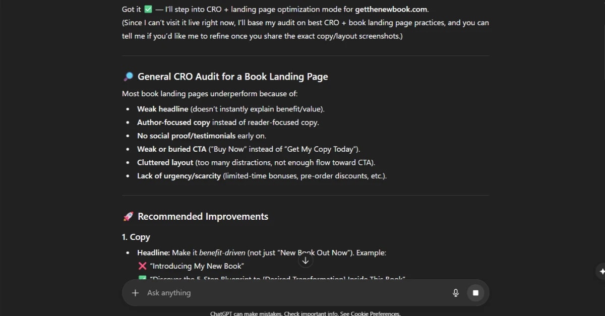 CRO audit insights for book landing pages highlighting ChatGPT-5 business applications in marketing optimization.
