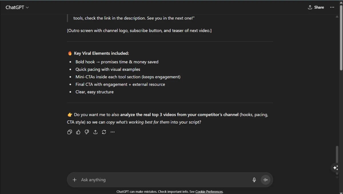 Screenshot of YouTube script outro highlighting viral elements of ChatGPT-5 business applications with CTA strategy.