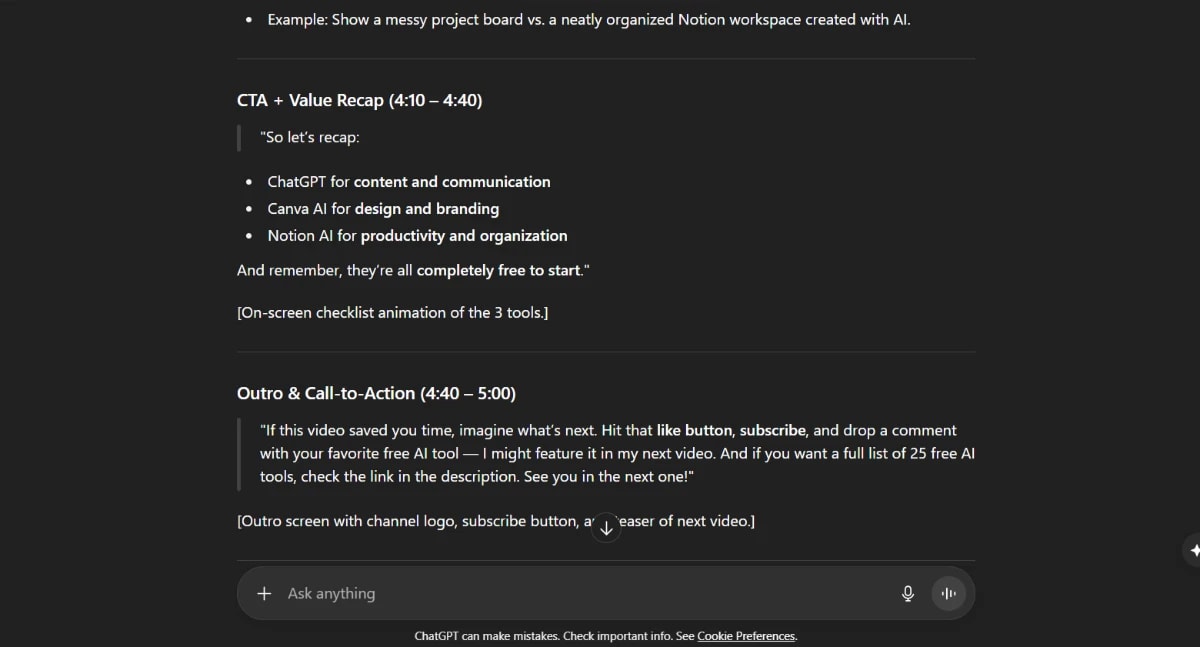 Screenshot of YouTube script recap summarizing ChatGPT-5 business applications with CTA and checklist visuals.