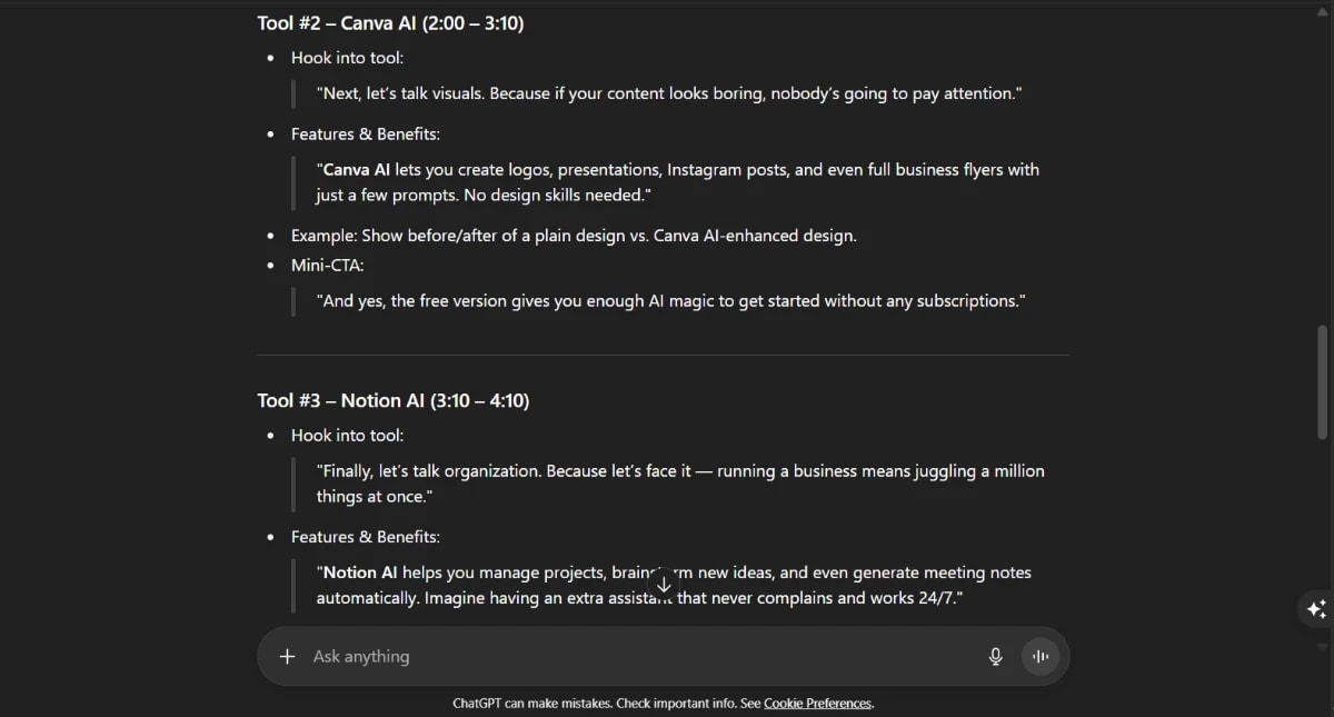 Screenshot of YouTube script describing Canva AI and Notion AI in relation to ChatGPT-5 business applications.