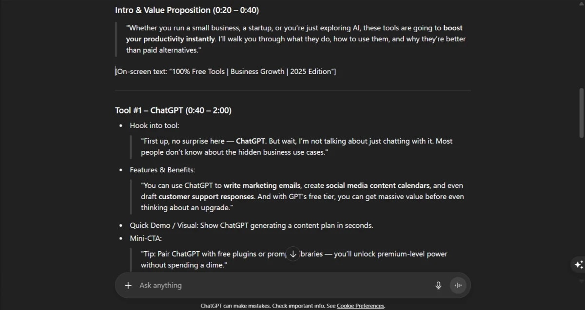 Screenshot of YouTube script detailing ChatGPT-5 business applications with features, benefits, and demo instructions.