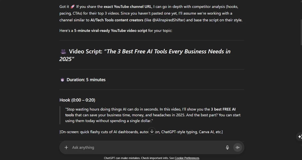 Screenshot of a YouTube script introduction highlighting ChatGPT-5 business applications with a viral hook and structured video outline.