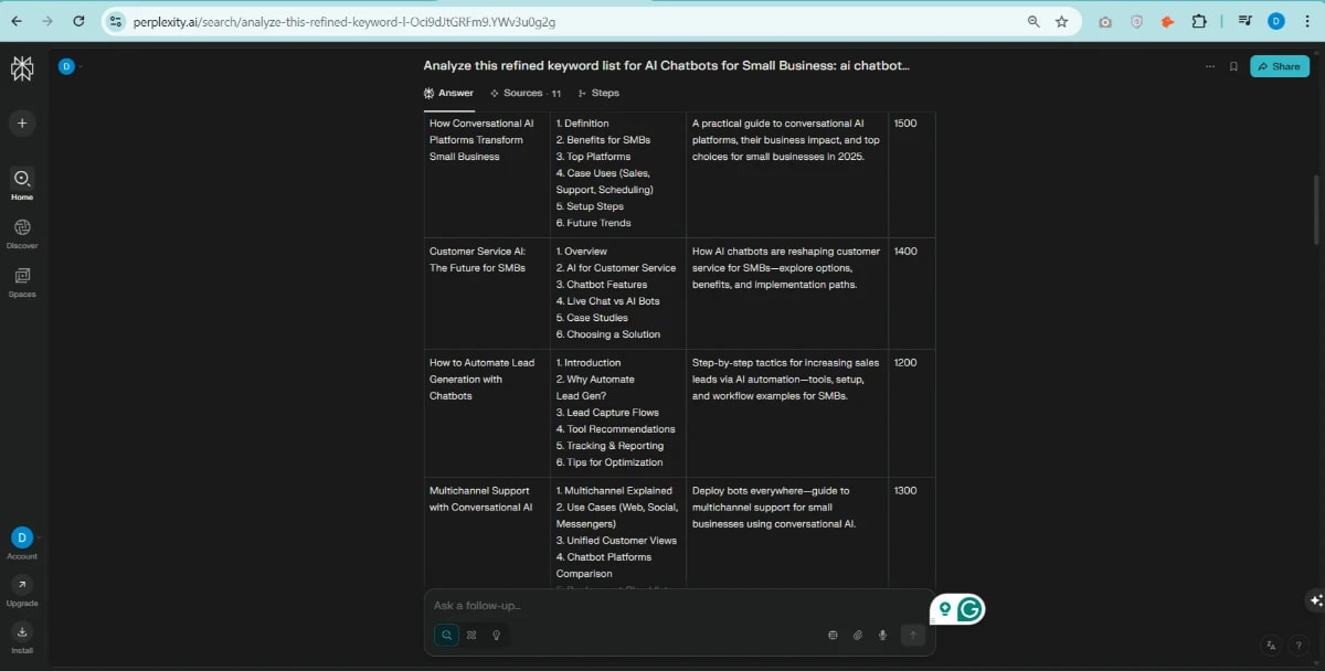 Perplexity AI SEO tools displaying topic briefs for AI chatbots with word counts and outlines.