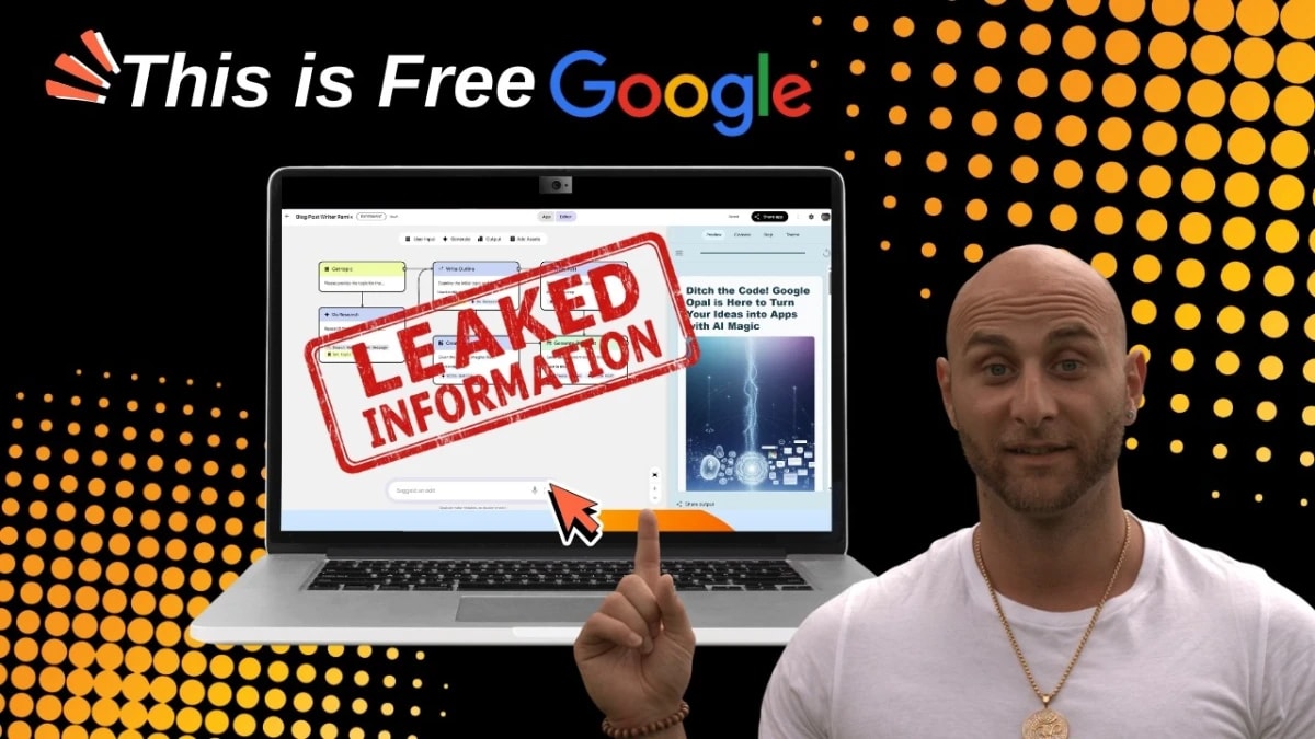 A man pointing at a laptop screen showing leaked information about Google Opal AI App Builder, a free no-code app creation tool by Google.