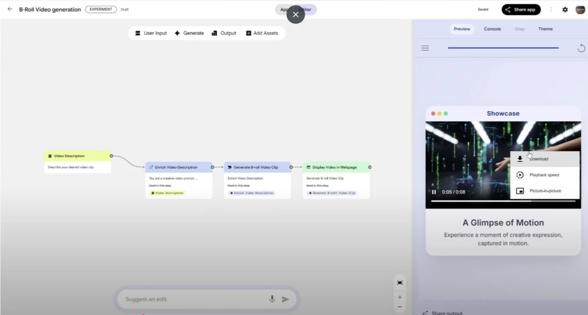 Google Opal AI App Builder B-Roll video generation interface for creating custom video clips.