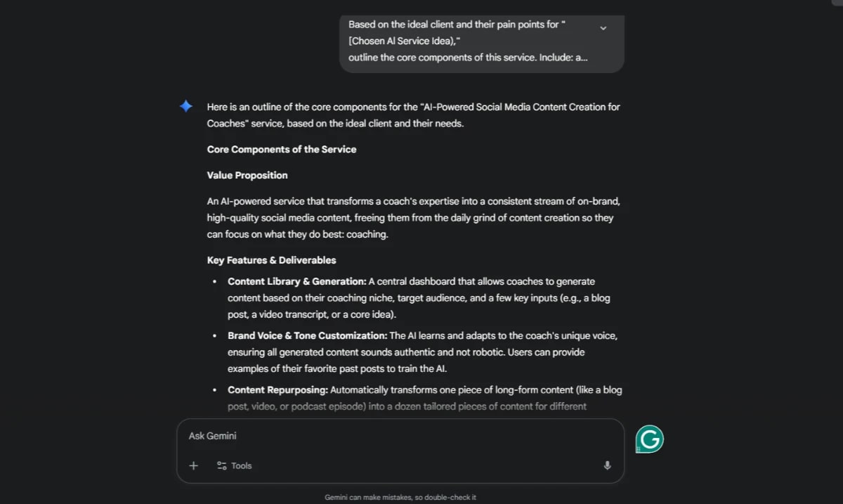 Outline of AI-powered business plan components showing value proposition and key features for coaches.
