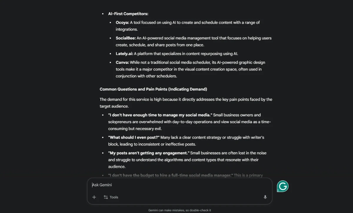 Screenshot showing AI-first competitors and common customer pain points, supporting the need for an AI-Powered Business Plan.