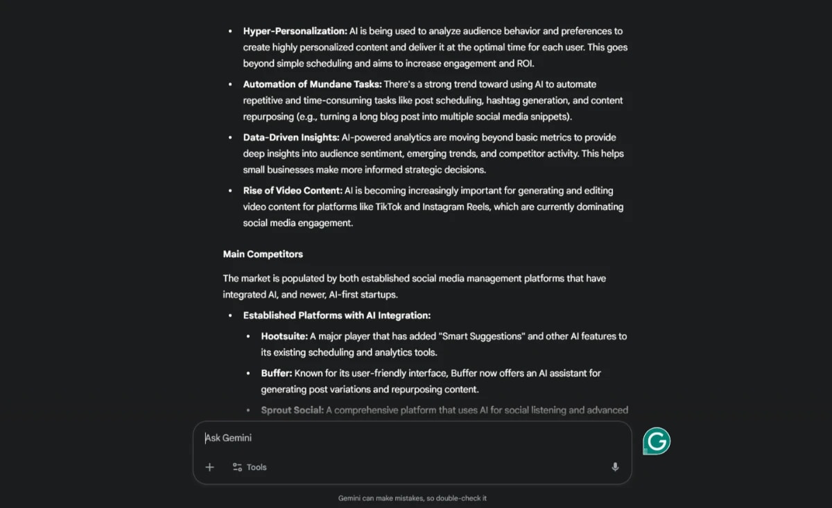 Screenshot highlighting key trends like generative AI, hyper-personalization, automation, video content growth, and main competitors relevant to an AI-Powered Business Plan.