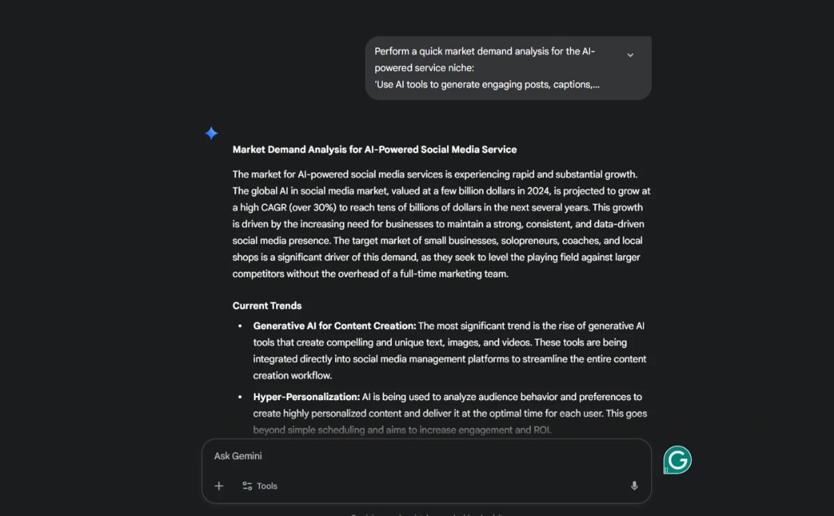 Screenshot showing market demand analysis for AI-powered social media services as part of an AI-Powered Business Plan, highlighting growth trends and opportunities.
