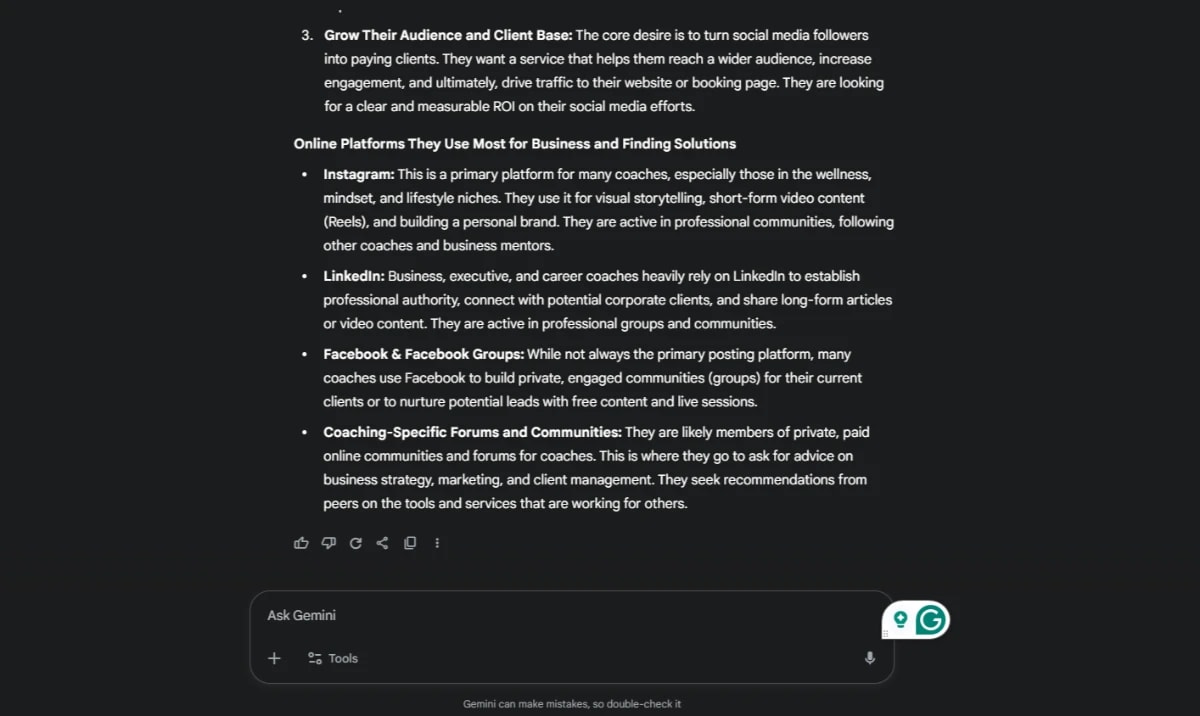 Screenshot listing online platforms solopreneur coaches use most—Instagram, LinkedIn, Facebook Groups, and niche forums—relevant to an AI-Powered Business Plan.