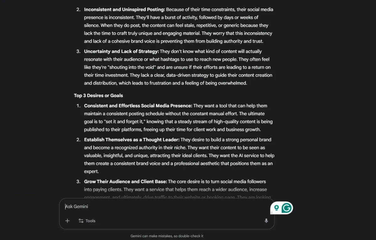 Screenshot showing the top 3 goals of solopreneur coaches—consistent posting, thought leadership, and client growth—supported by an AI-Powered Business Plan.