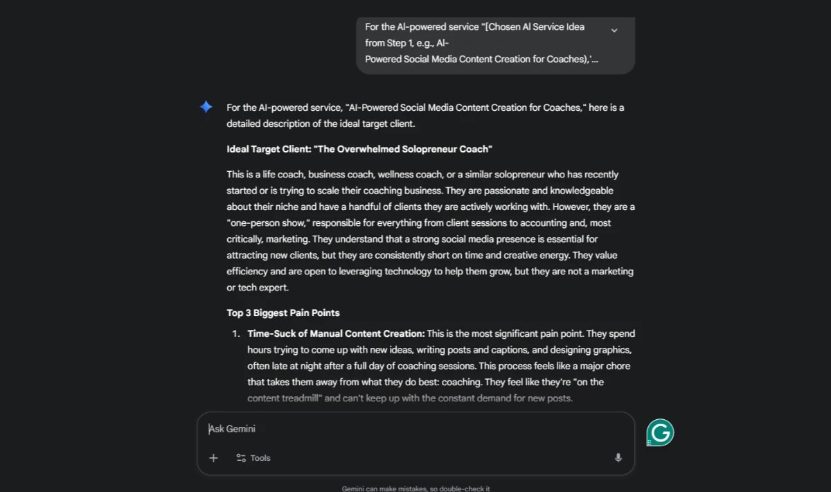 Screenshot describing the ideal target client “The Overwhelmed Solopreneur Coach” with top pain points, included in an AI-Powered Business Plan.