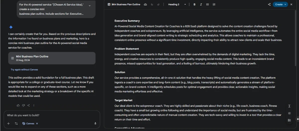 AI-Powered Business Plan outline with value proposition and key features for coaches.