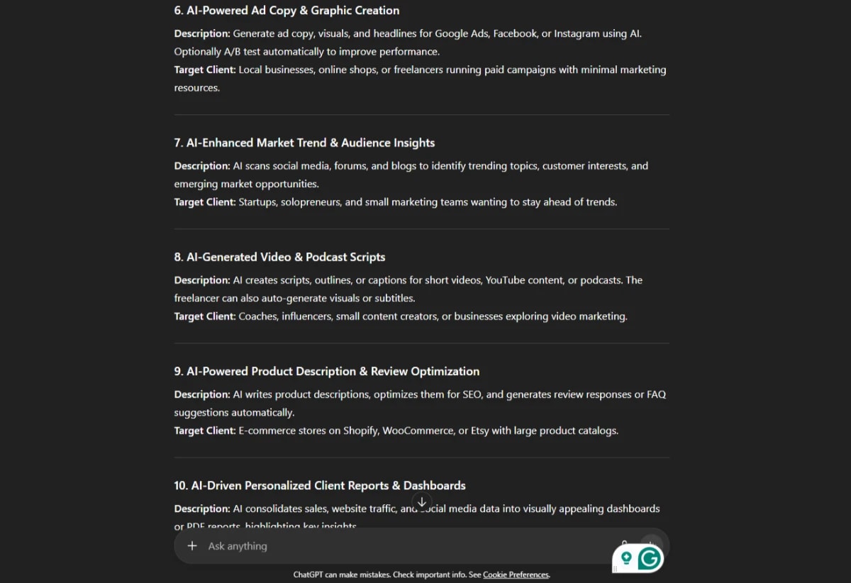 Screenshot of AI-powered business plan ideas highlighting ad copy creation, market insights, video scripts, product descriptions, and personalized dashboards.