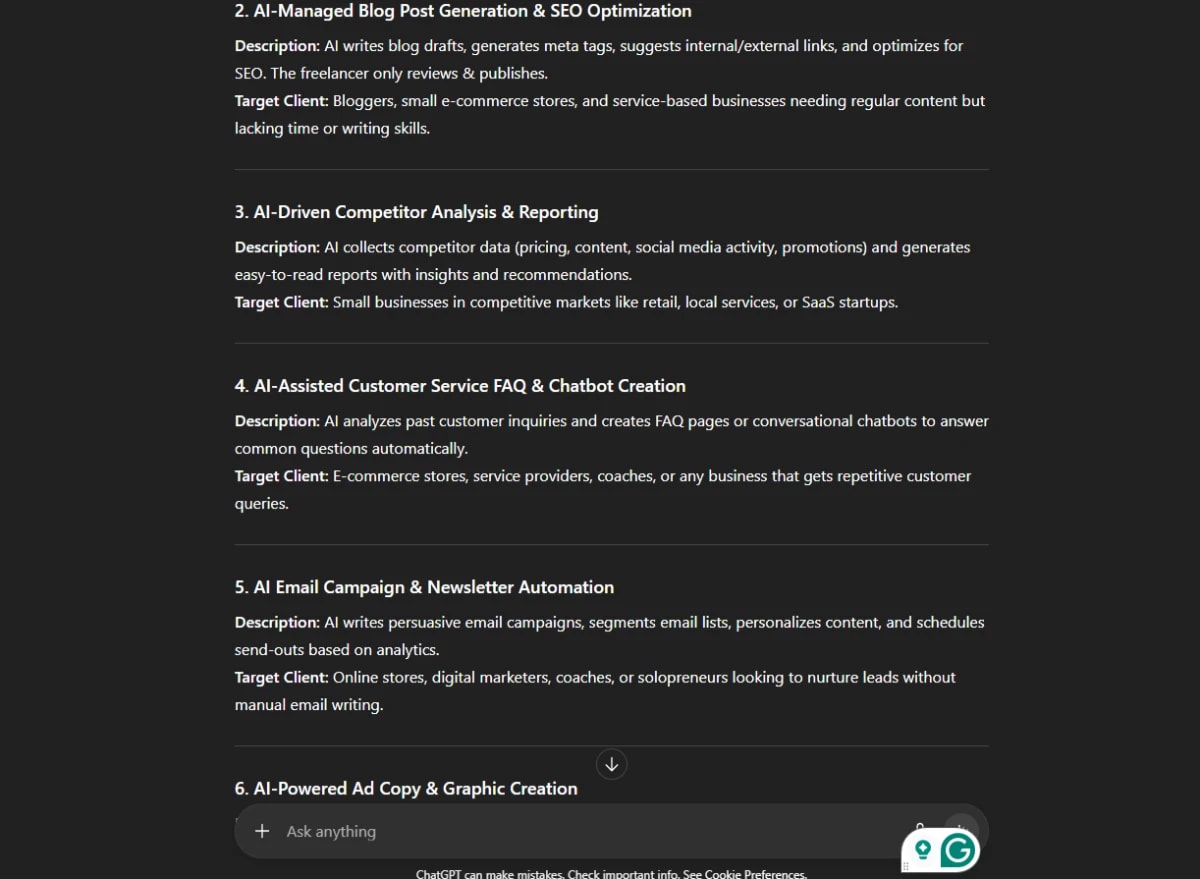Screenshot of AI-powered business plan ideas covering blog generation, SEO optimization, competitor analysis, customer service chatbots, and email automation.