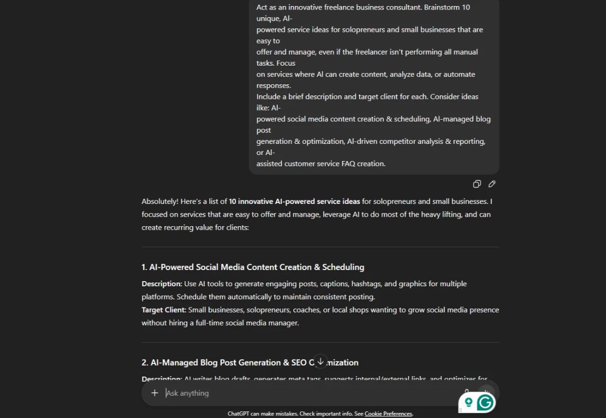 Screenshot of innovative AI-powered business plan ideas showing 10 service opportunities for solopreneurs and small businesses, including social media, blogs, competitor analysis, and customer support.