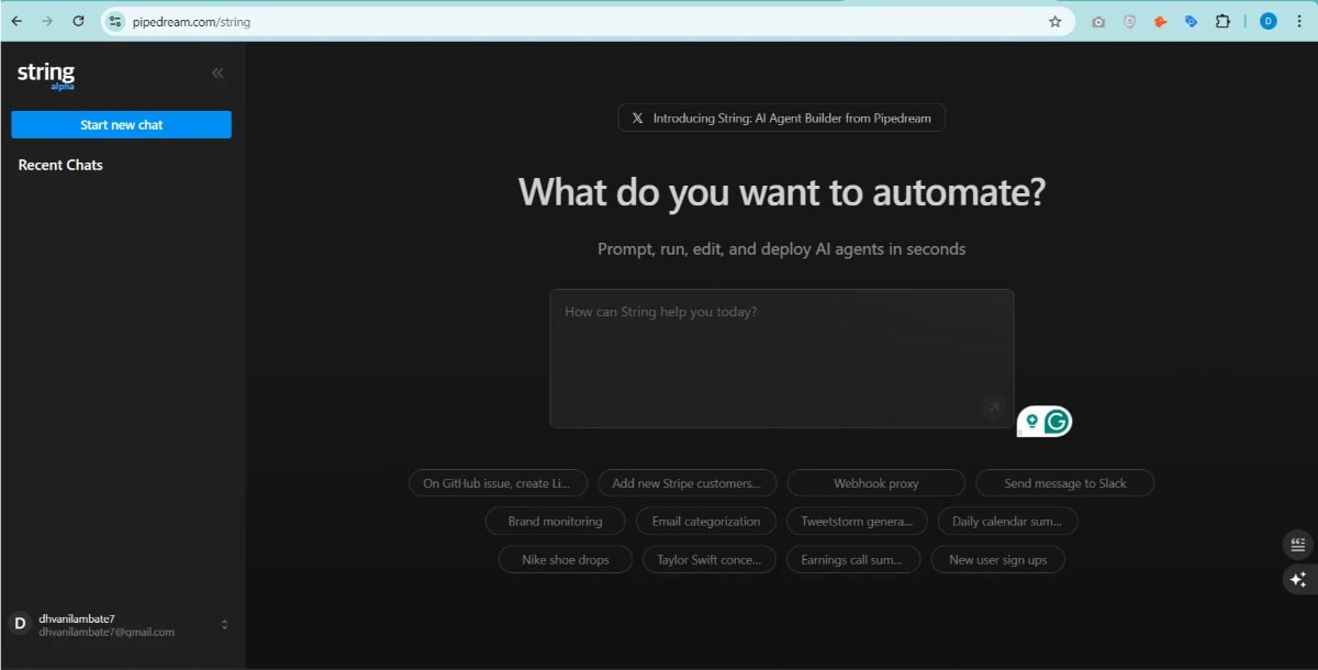 Dashboard of Pipedream’s String AI agent builder showcasing automation setup – Make.com vs Pipedream comparison.