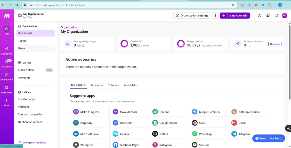 Make.com dashboard showing organization overview, credits, usage, and suggested apps integration options for automation – Make.com vs Pipedream comparison.