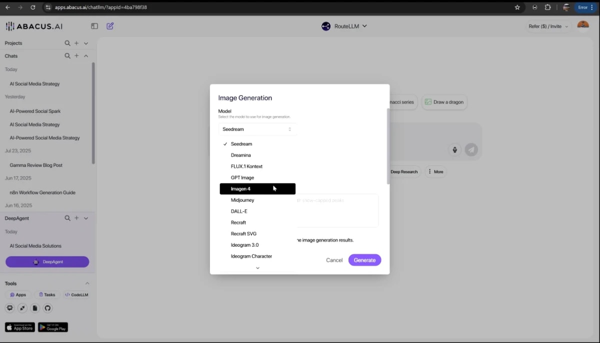 Abacus AI Review 2025 – Image Generation interface showing multiple AI model options like Seedream, GPT Image, Imagen 4, Midjourney, and DALL·E.