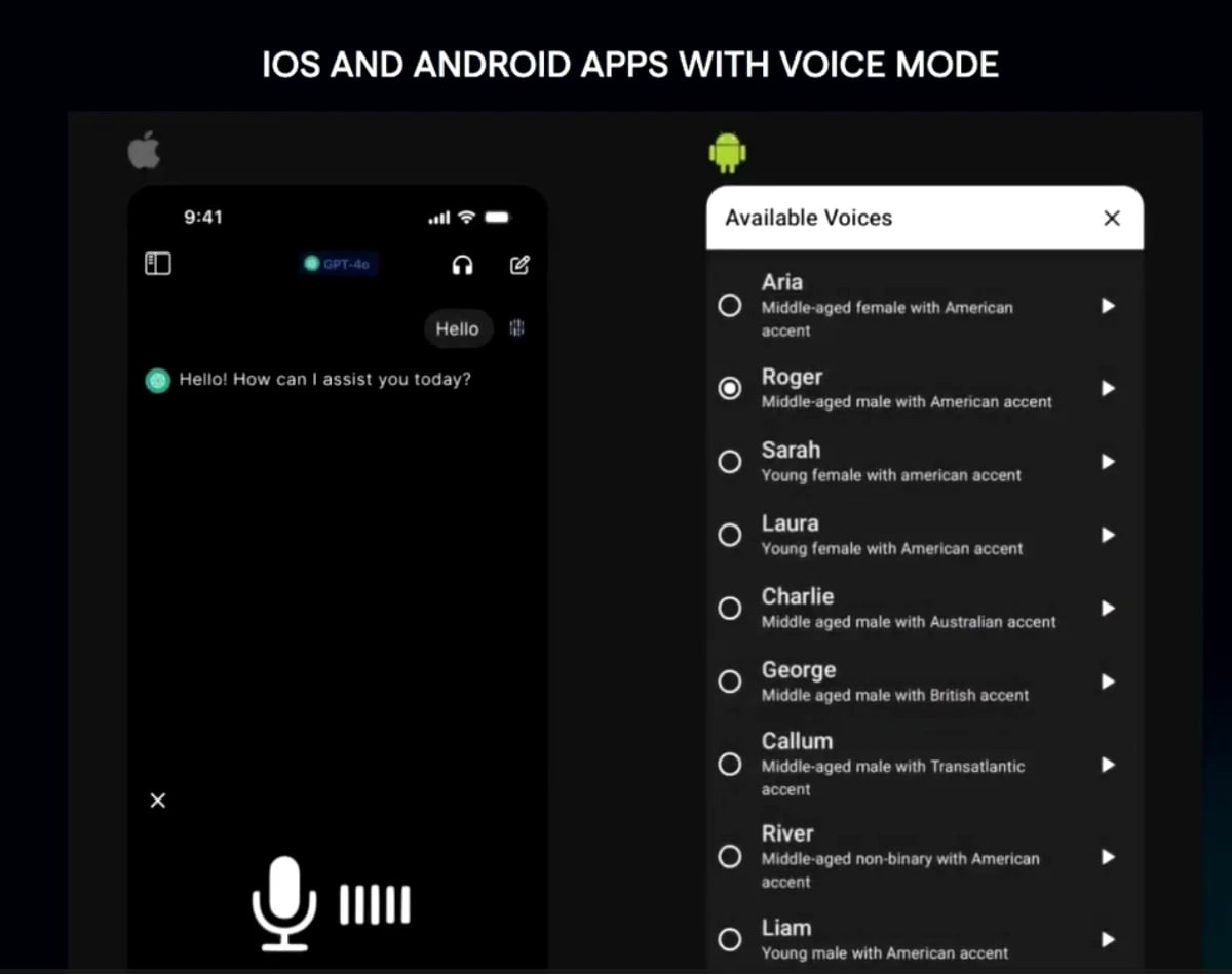 Abacus AI Review 2025 voice mode on iOS and Android with multiple AI voice options.
