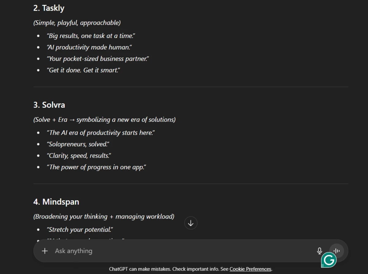 AI productivity app concepts Taskly, Solvra, and Mindspan with taglines — showcasing the Unique Value of AI in 10 Minutes.