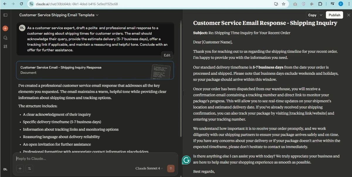 AI-powered customer service email response template for shipping inquiries, demonstrating the Unique Value of AI in 10 Minutes.