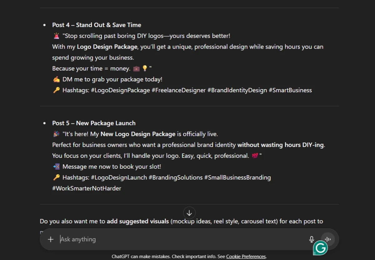 AI-generated Instagram post ideas with hashtags and captions highlighting the Unique Value of AI in 10 Minutes