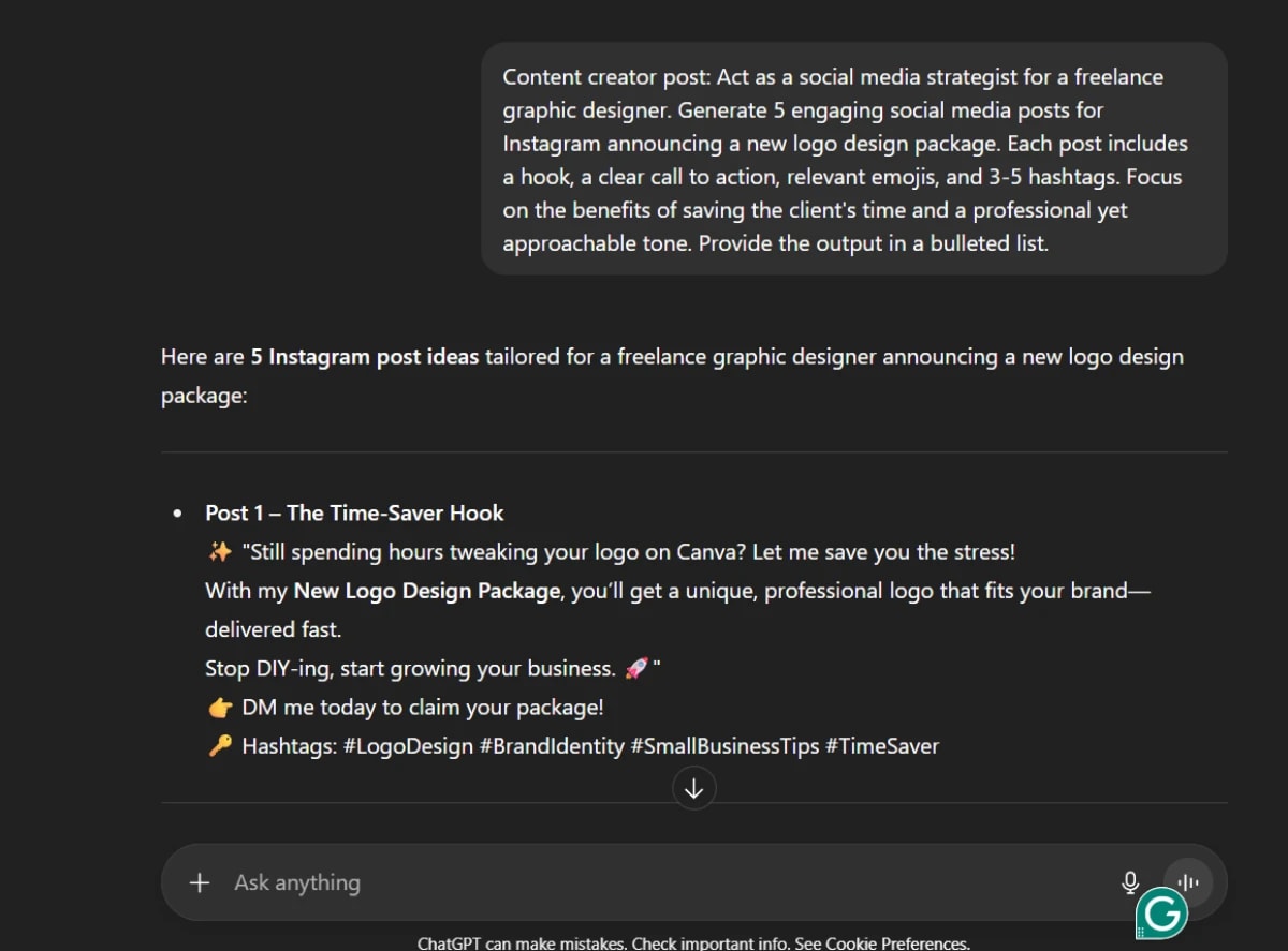 AI content creation example showing the Unique Value of AI in 10 Minutes for social media post ideas