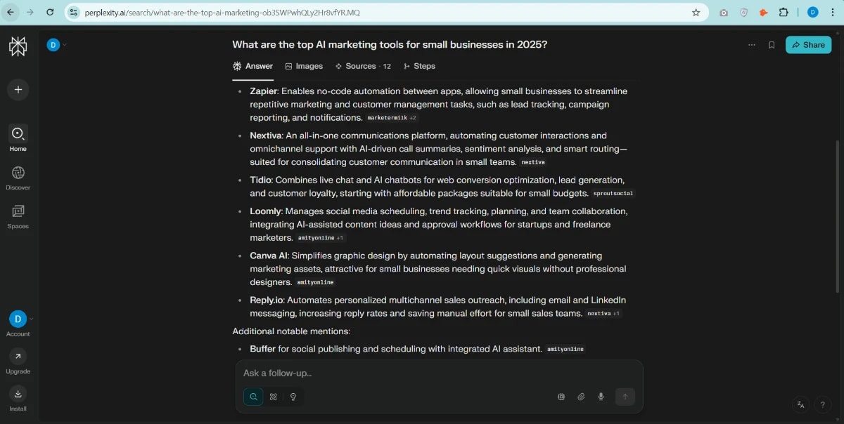 Perplexity AI Review 2025 screenshot listing top AI marketing tools for small businesses including Zapier, Nextiva, Tidio, Loomly, Canva AI, Reply.io, and Buffer with key features.